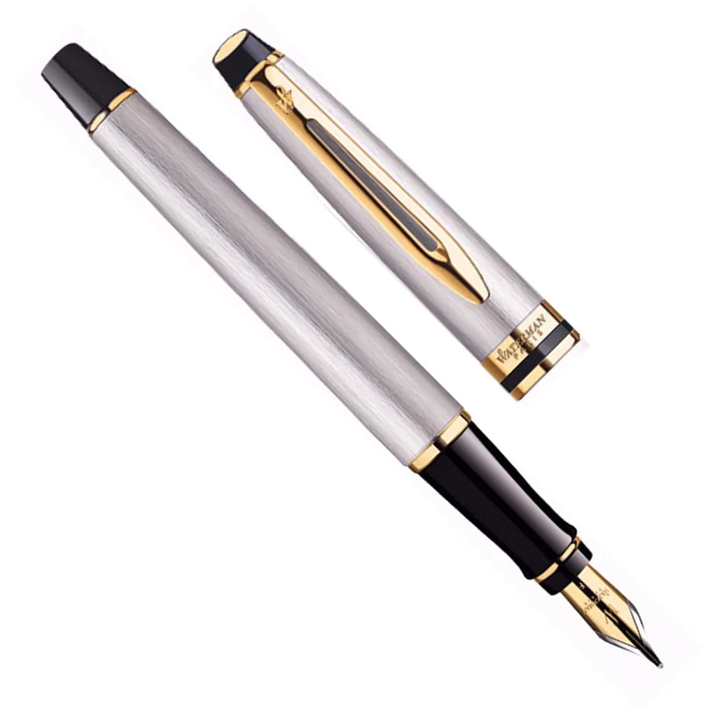 Waterman Expert Stainless Steel Gold Trim Medium Nib Fountain Pen