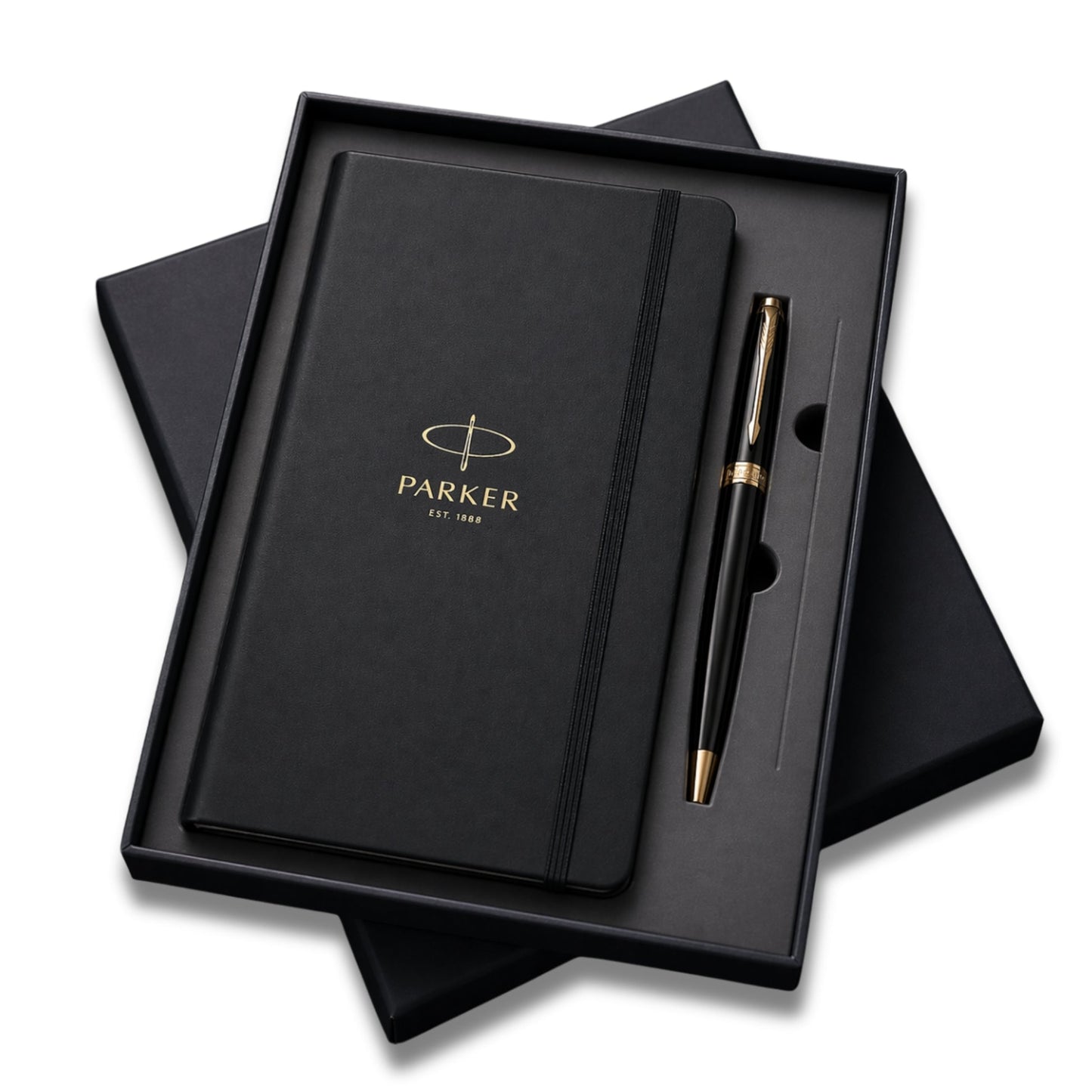 Parker Fusion Lacque Black Gold Trim Ballpoint Pen with A5 Notebook