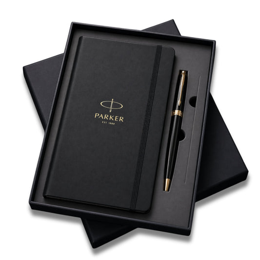 Parker Fusion Lacque Black Gold Trim Ballpoint Pen with A5 Notebook