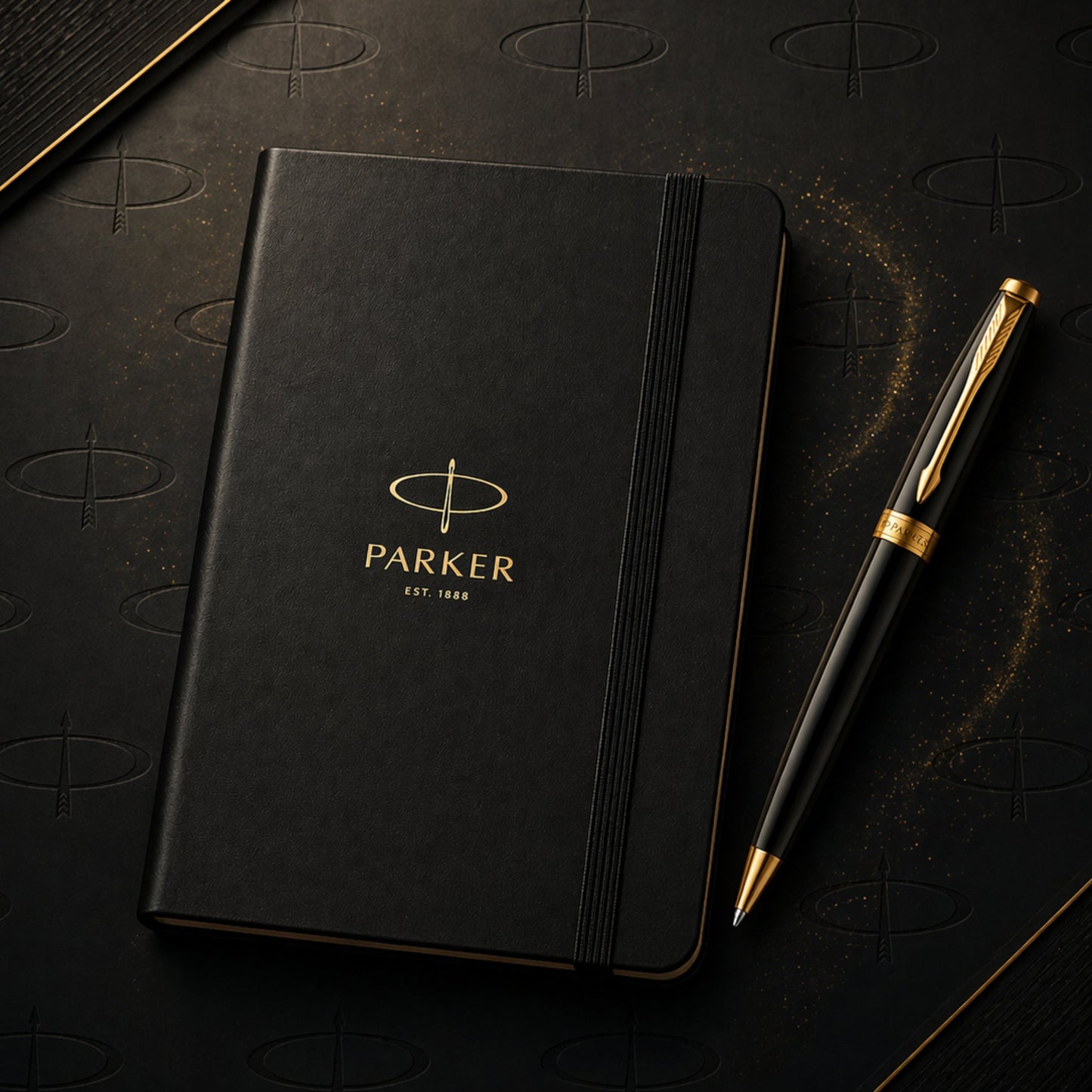 Parker Fusion Lacque Black Gold Trim Ballpoint Pen with A5 Notebook