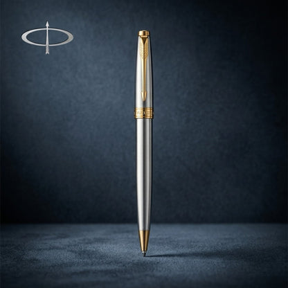 Parker Fusion Shiny Chrome Gold Trim Ballpoint Pen with A5 Black Large Notebook
