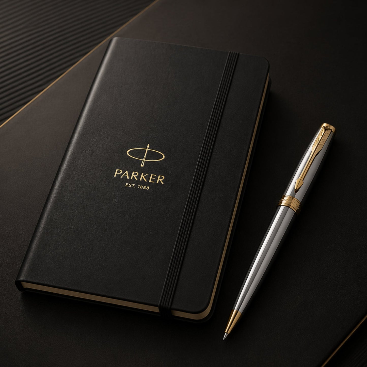 Parker Fusion Shiny Chrome Gold Trim Ballpoint Pen with A5 Black Large Notebook