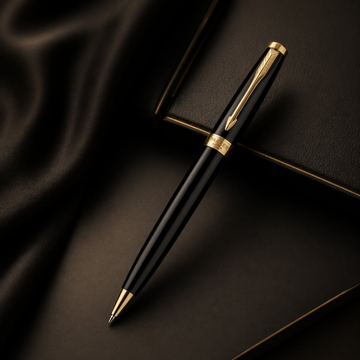 Parker Fusion Lacque Black Gold Trim Ballpoint Pen with A6 Black Small Notebook