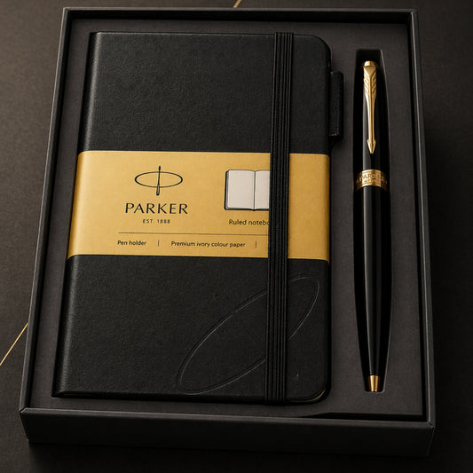 Parker Fusion Lacque Black Gold Trim Ballpoint Pen with A6 Black Small Notebook