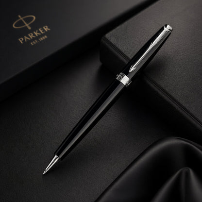 Parker Fusion Lacque Black Chrome Trim Ballpoint Pen with A6 Black Small Notebook