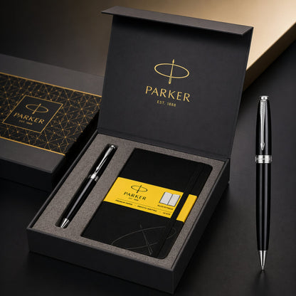 Parker Fusion Lacque Black Chrome Trim Ballpoint Pen with A6 Black Small Notebook