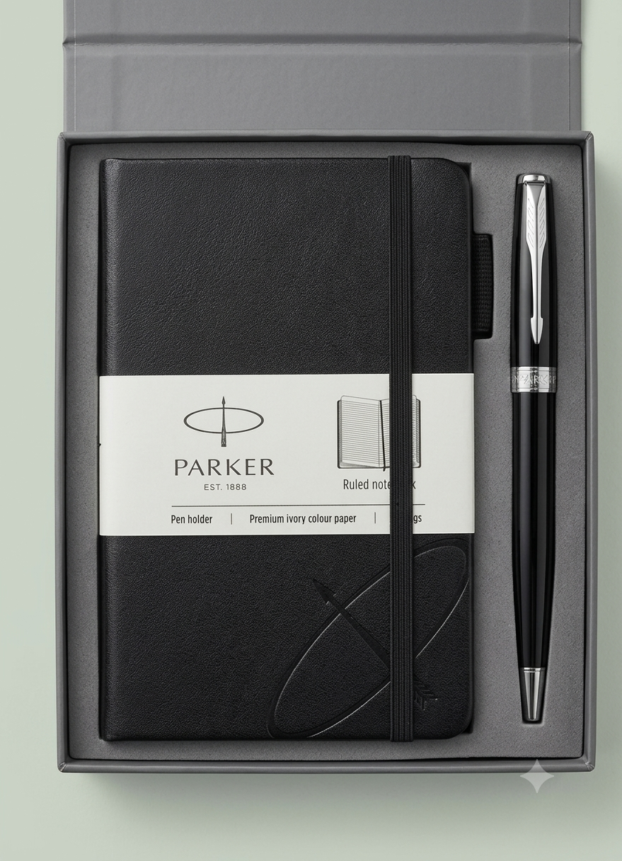 Parker Fusion Lacque Black Chrome Trim Ballpoint Pen with A6 Black Small Notebook