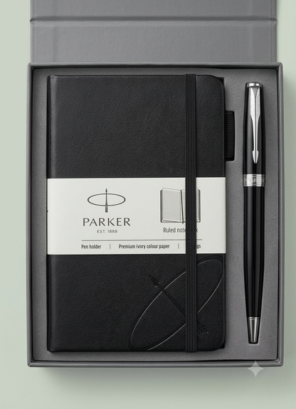 Parker Fusion Lacque Black Chrome Trim Ballpoint Pen with A6 Black Small Notebook