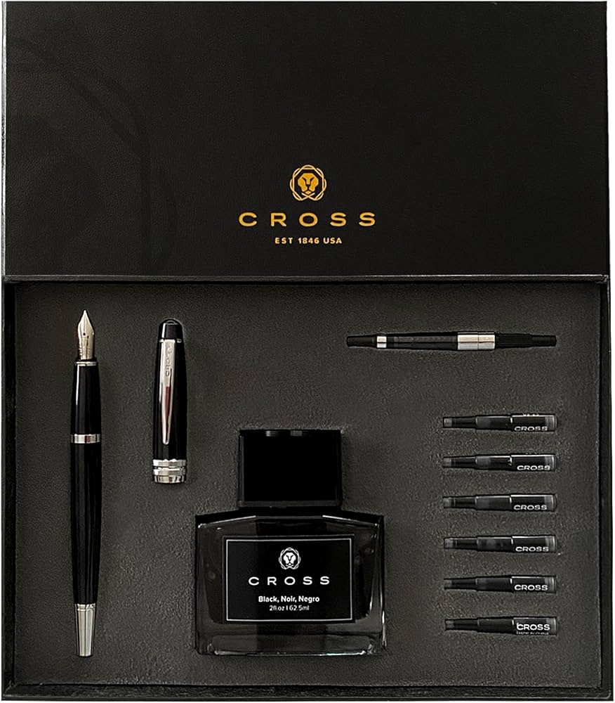 Cross 456-7/5 Bailey Black Fountain Pen + Inkport Gift Set