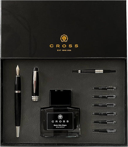 Cross 456-7/5 Bailey Black Fountain Pen + Inkport Gift Set
