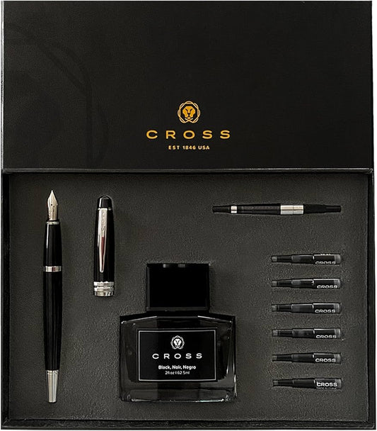 Cross 456-7/5 Bailey Black Fountain Pen + Inkport Gift Set