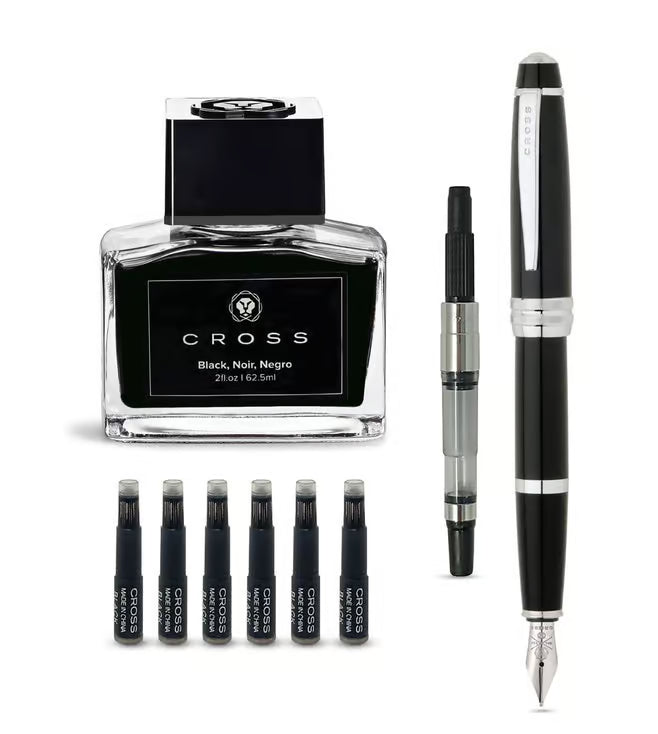 Cross 456-7/5 Bailey Black Fountain Pen + Inkport Gift Set