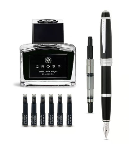 Cross 456-7/5 Bailey Black Fountain Pen + Inkport Gift Set
