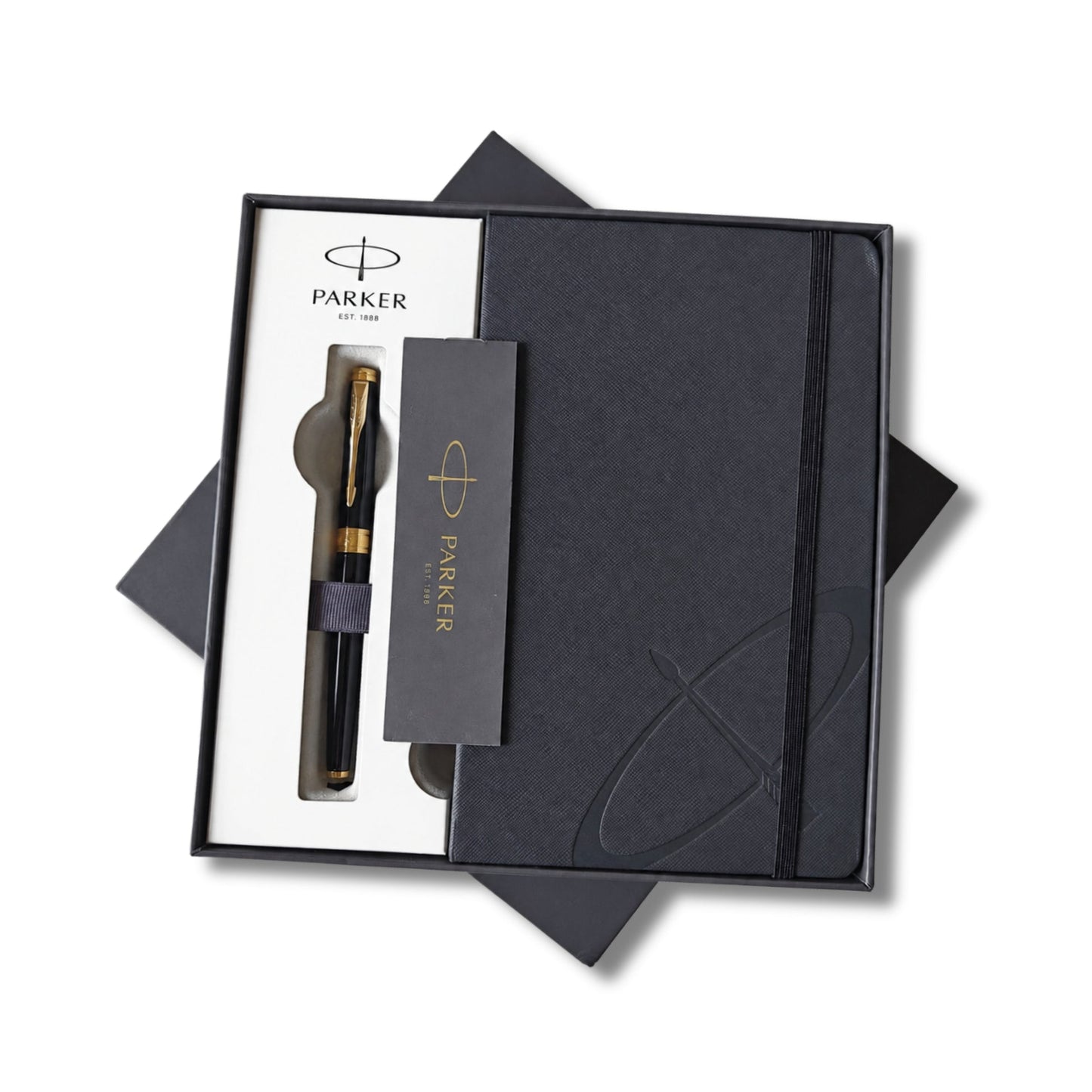 Parker Aster Lacque Black Gold Trim Rollerball Pen With A5 Premium Notebook