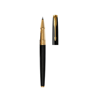 Parker Aster Lacque Black Gold Trim Rollerball Pen With A5 Premium Notebook