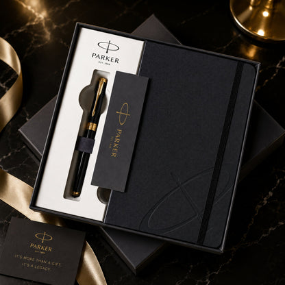 Parker Aster Lacque Black Gold Trim Rollerball Pen With A5 Premium Notebook